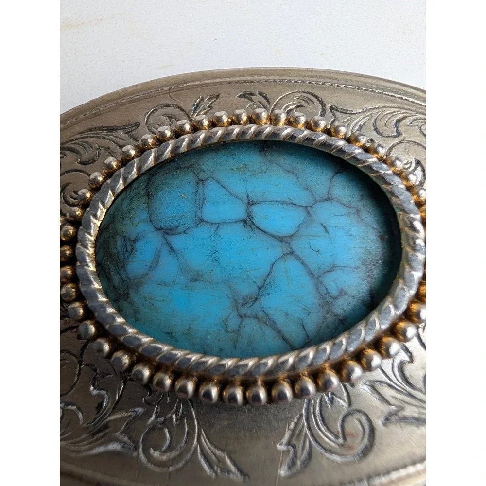 Vintage Western Belt Buckle Faux Turquoise Oval Floral Engraved Silver Tone